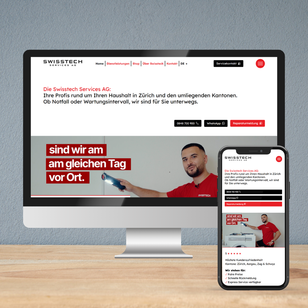 Swisstech Services AG Webseite Nachher. Vollständige Unternehmenswebseite mit Online-Shop